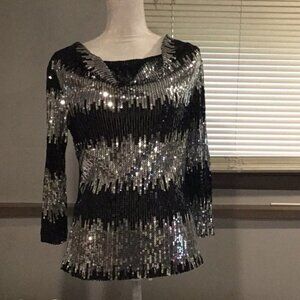Notations Silver and Black Sequin Sailor Collar Blouse